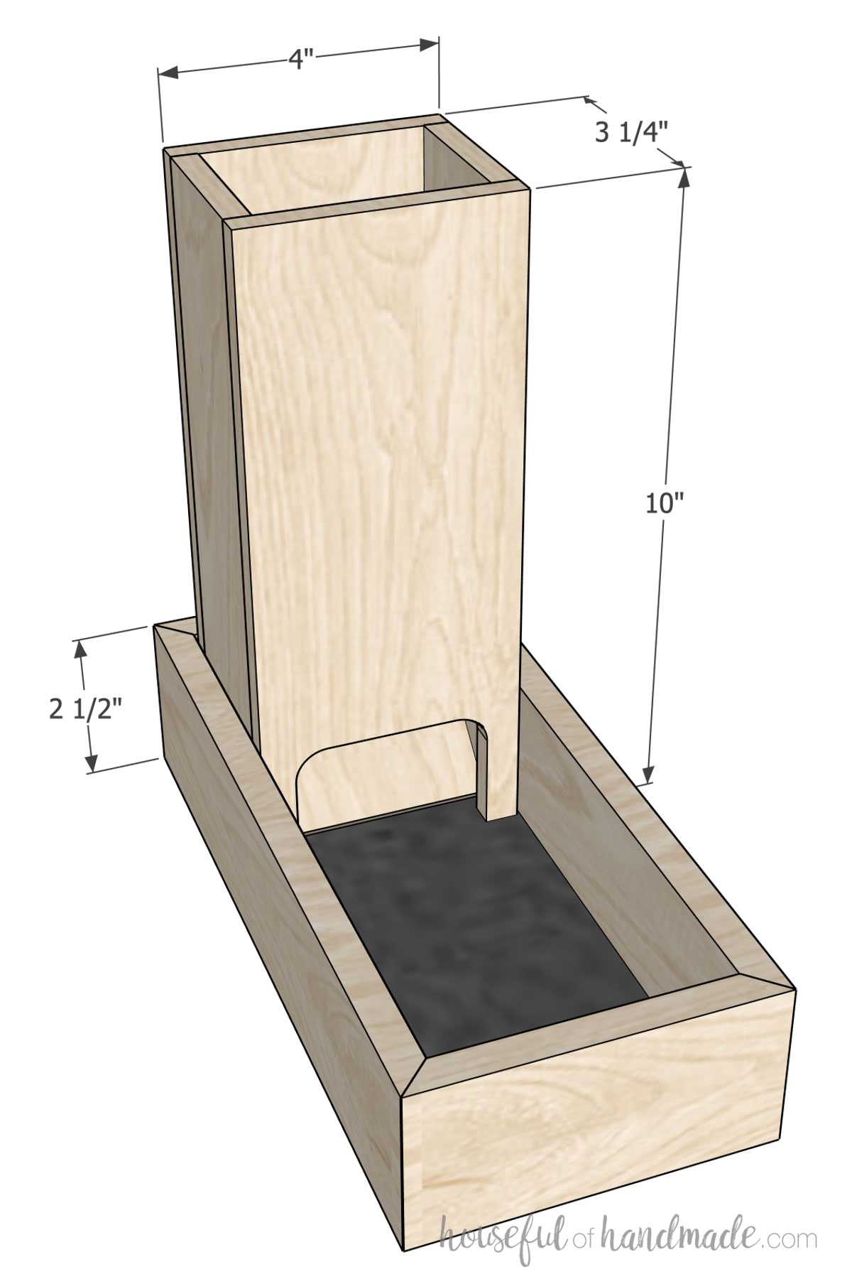 3D sketch of dice tower in tray with dimensions noted. 