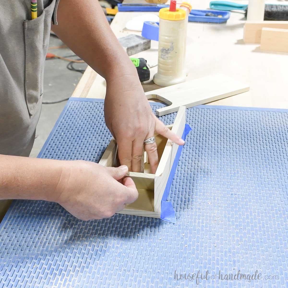 Glueing the bottom chute in the tower. 