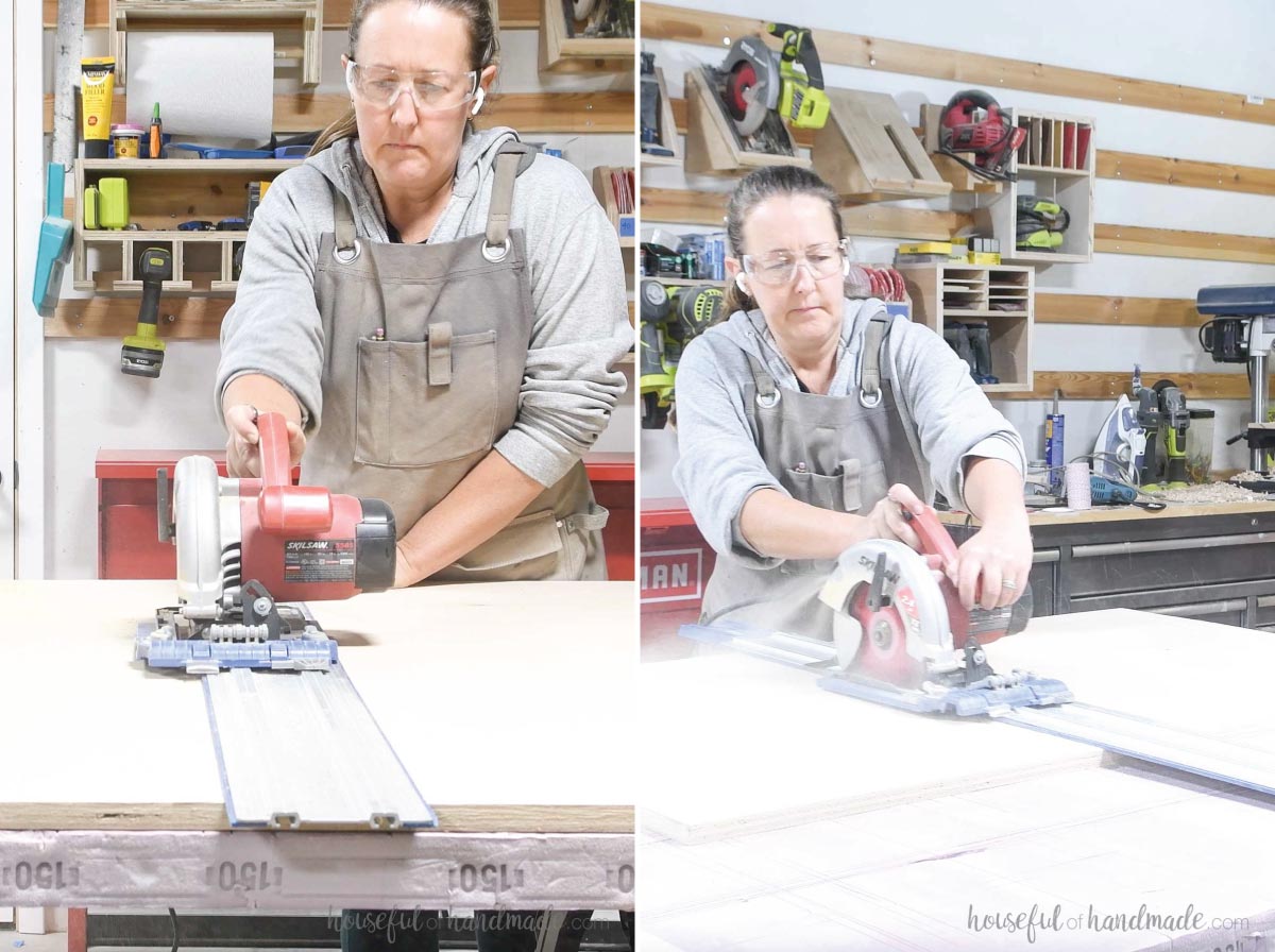 Cutting a sheet of plywood with the Kreg AccuCut and a circular saw. 