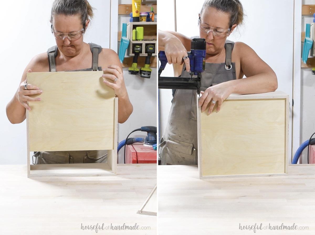 Inserting a plywood bottom in the drawer and attaching the second side. 