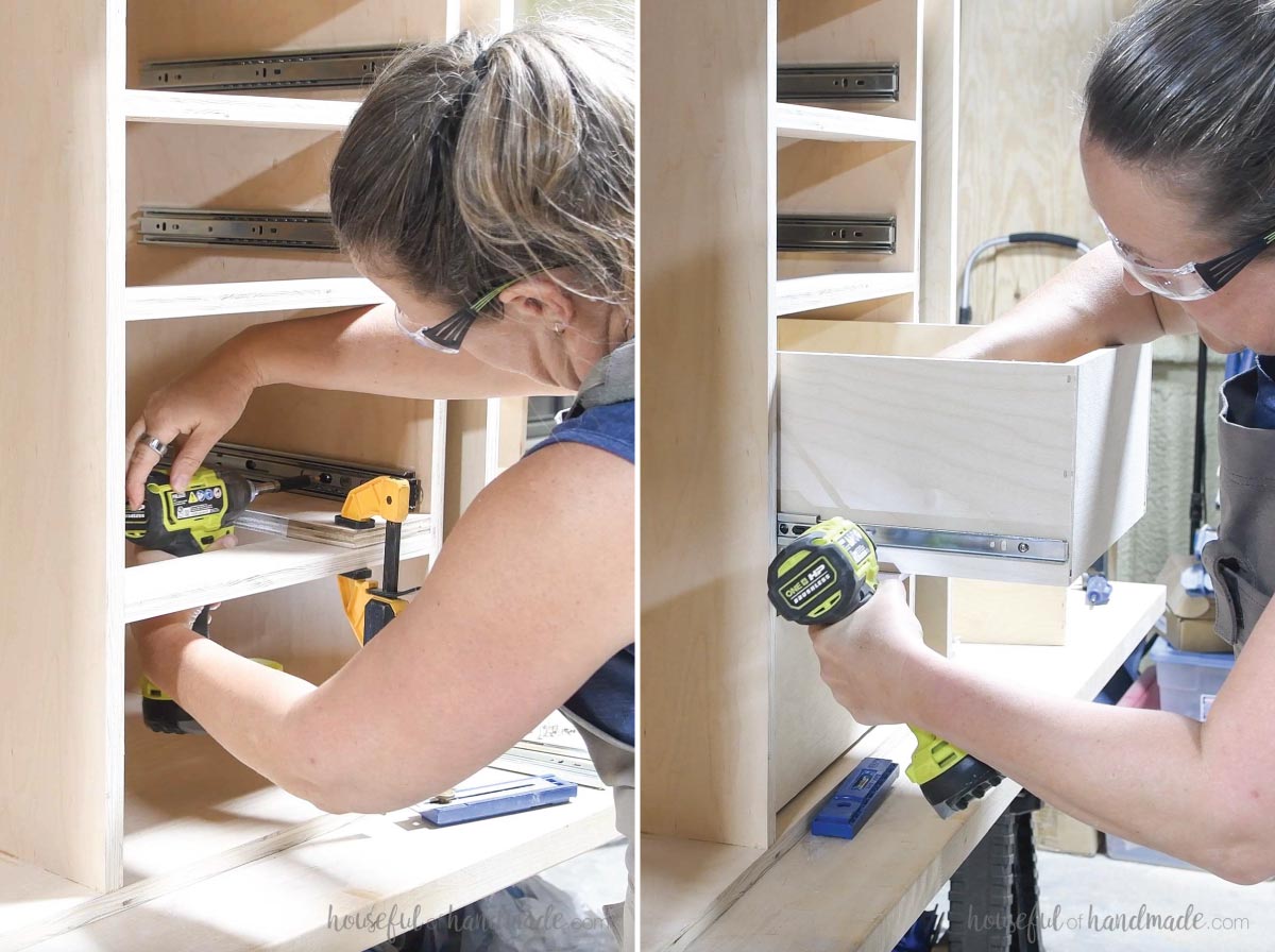 Installing drawer boxes with side slides. 