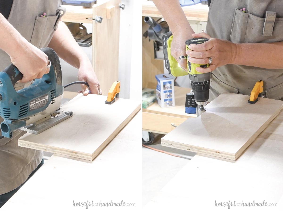 Cutting a handle into the top of the drawer fronts with a jigsaw. 