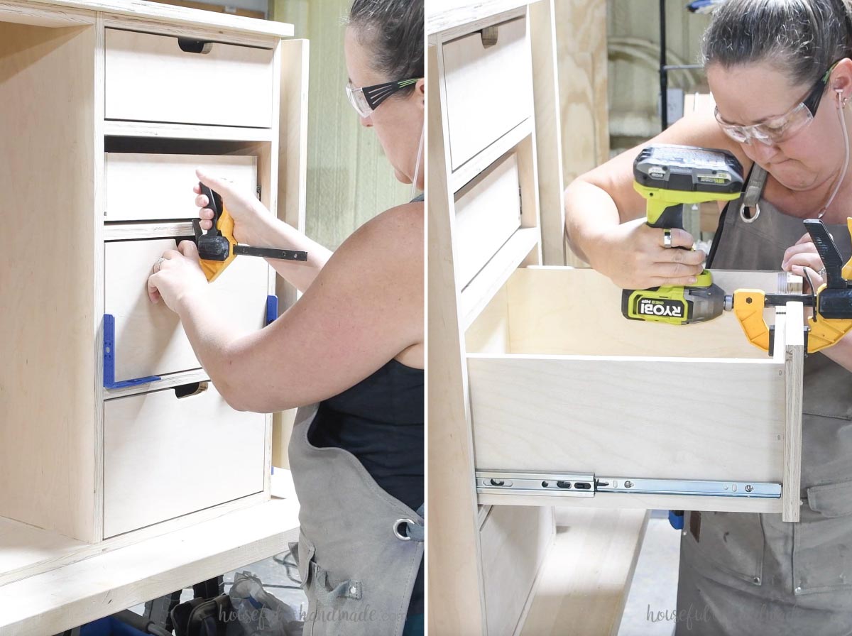 Attaching the drawer fronts with a clamp in the cut out handle then securing with screws. 