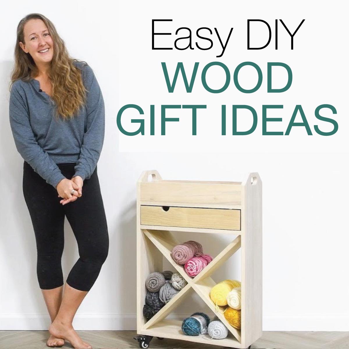 Kati standing next to wood craft stand with words Easy DIY Wood Gift Ideas next to it.