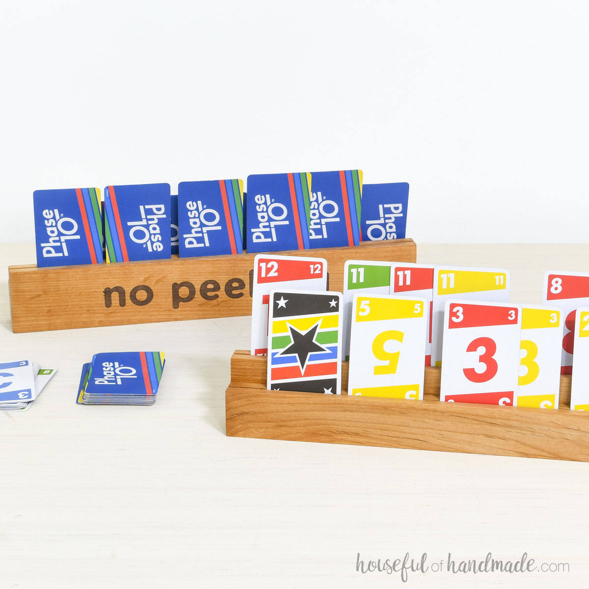 DIY wood playing card holders with "no peeking" design on the back. 