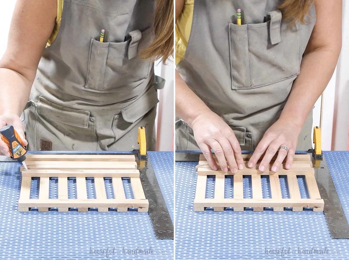 Glueing the top pieces across the bottom pieces to create a lattice design. 