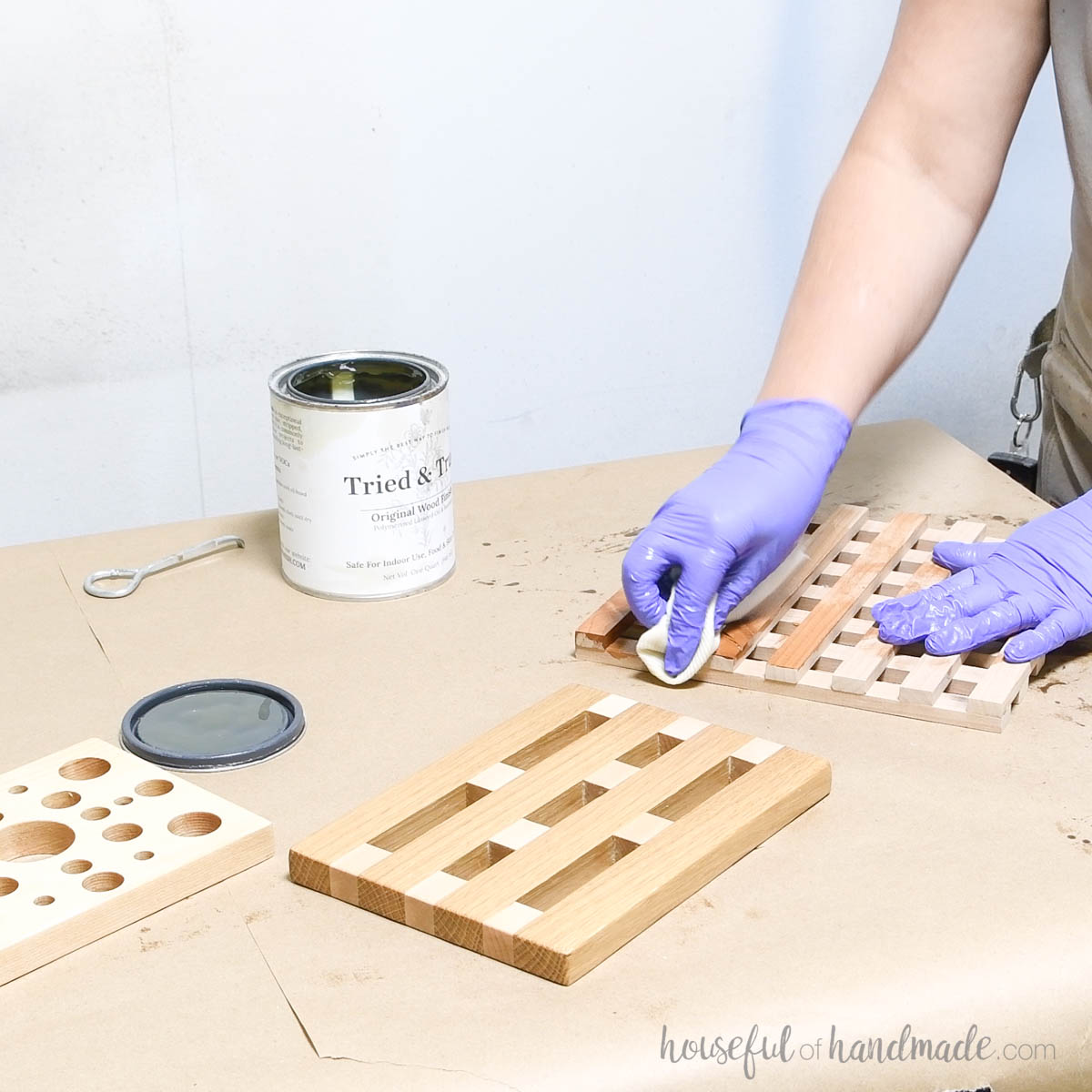 Sealing all three wood trivets with a food safe sealing oil. 