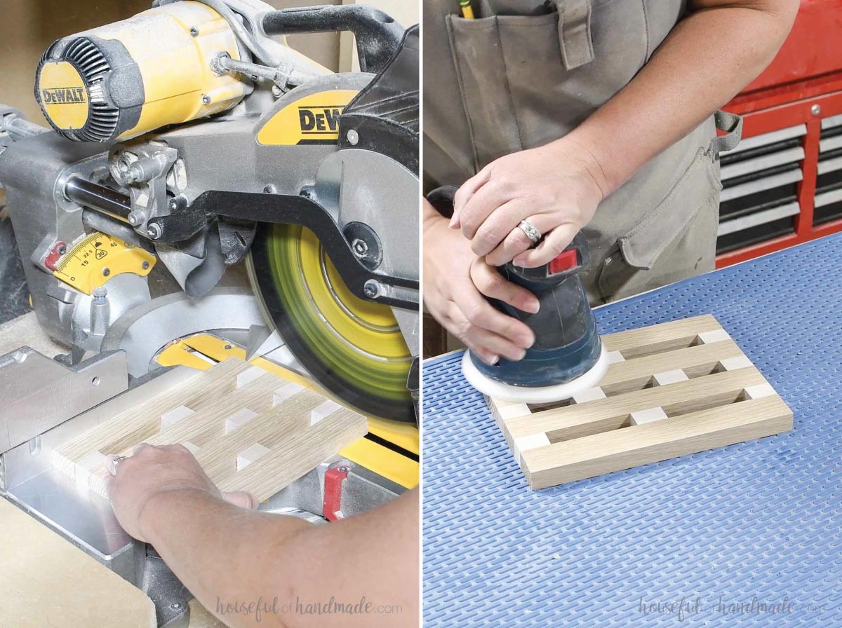 Trimming the edge of the trivet on a miter saw and sanding the top. 