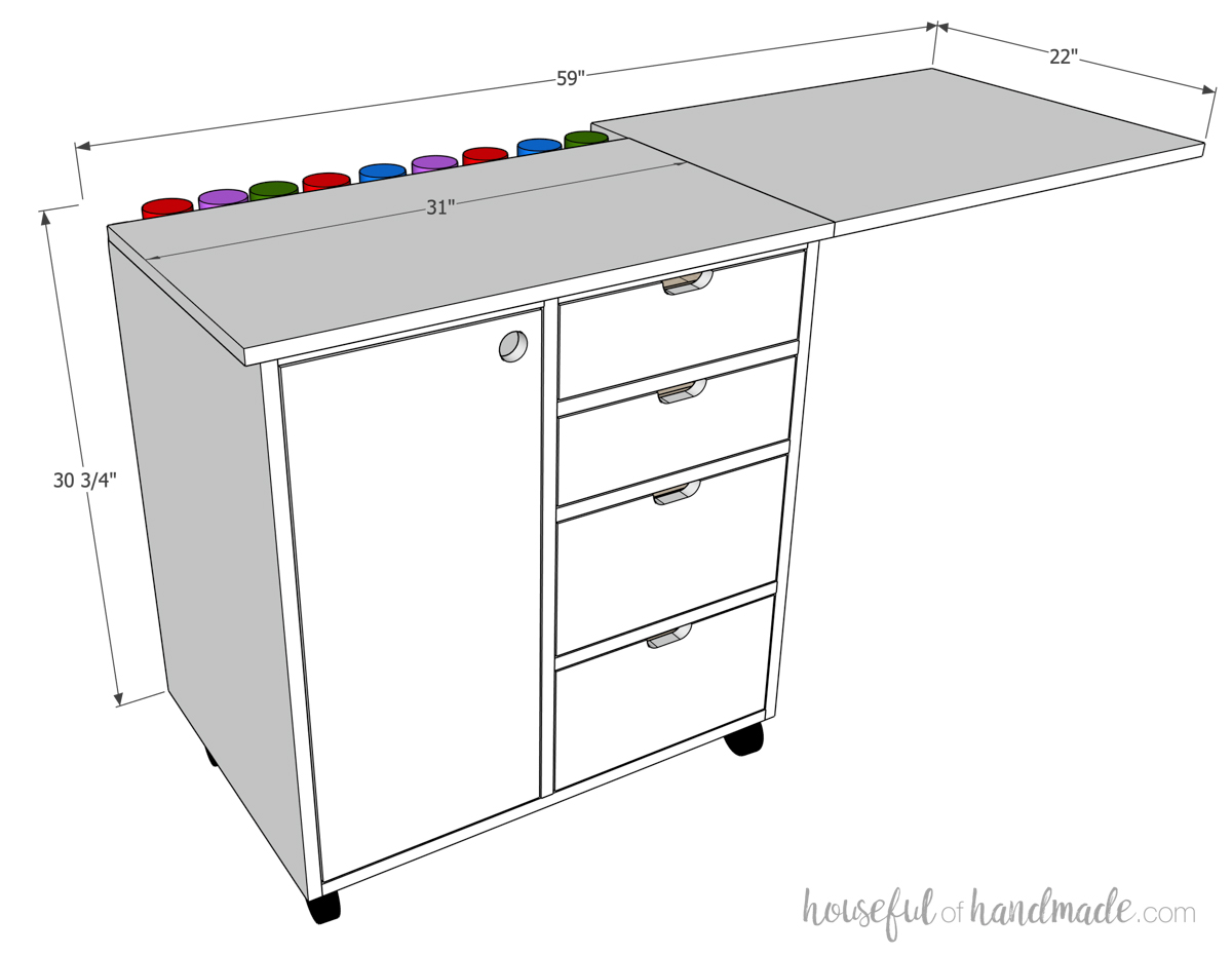 3D sketch of the gift wrapping cart with dimensions noted. 