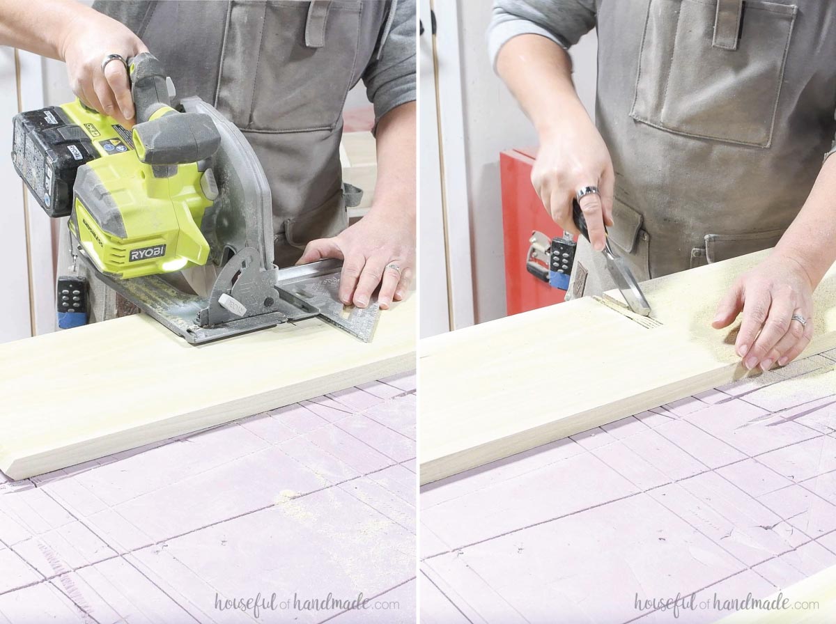 Cutting away material for a notch in the center of the board using a circular saw. 