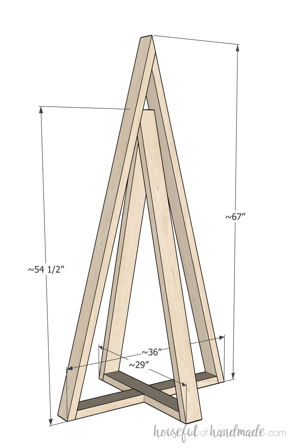 3D Sketch of the wood christmas tree with dimensions noted. 