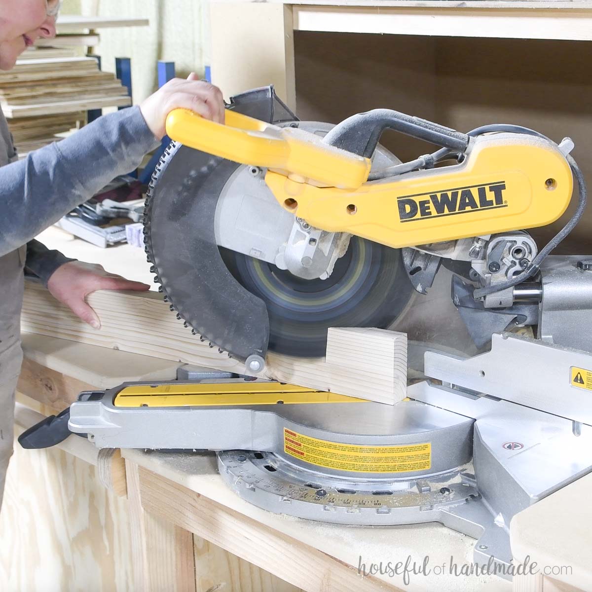 Cutting a 2x4 at a 60 degree angle on a miter saw. 