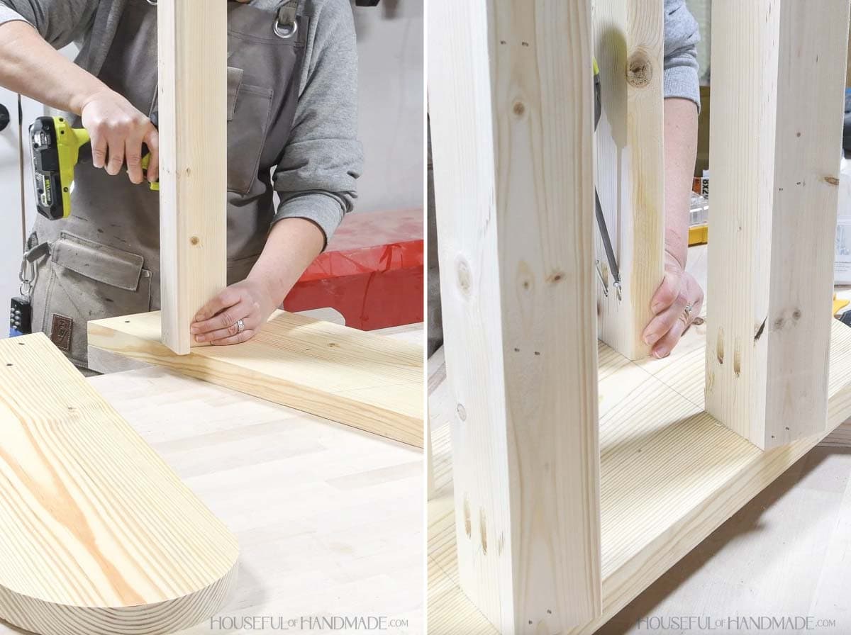 Attaching the shelf boards between the sides. 