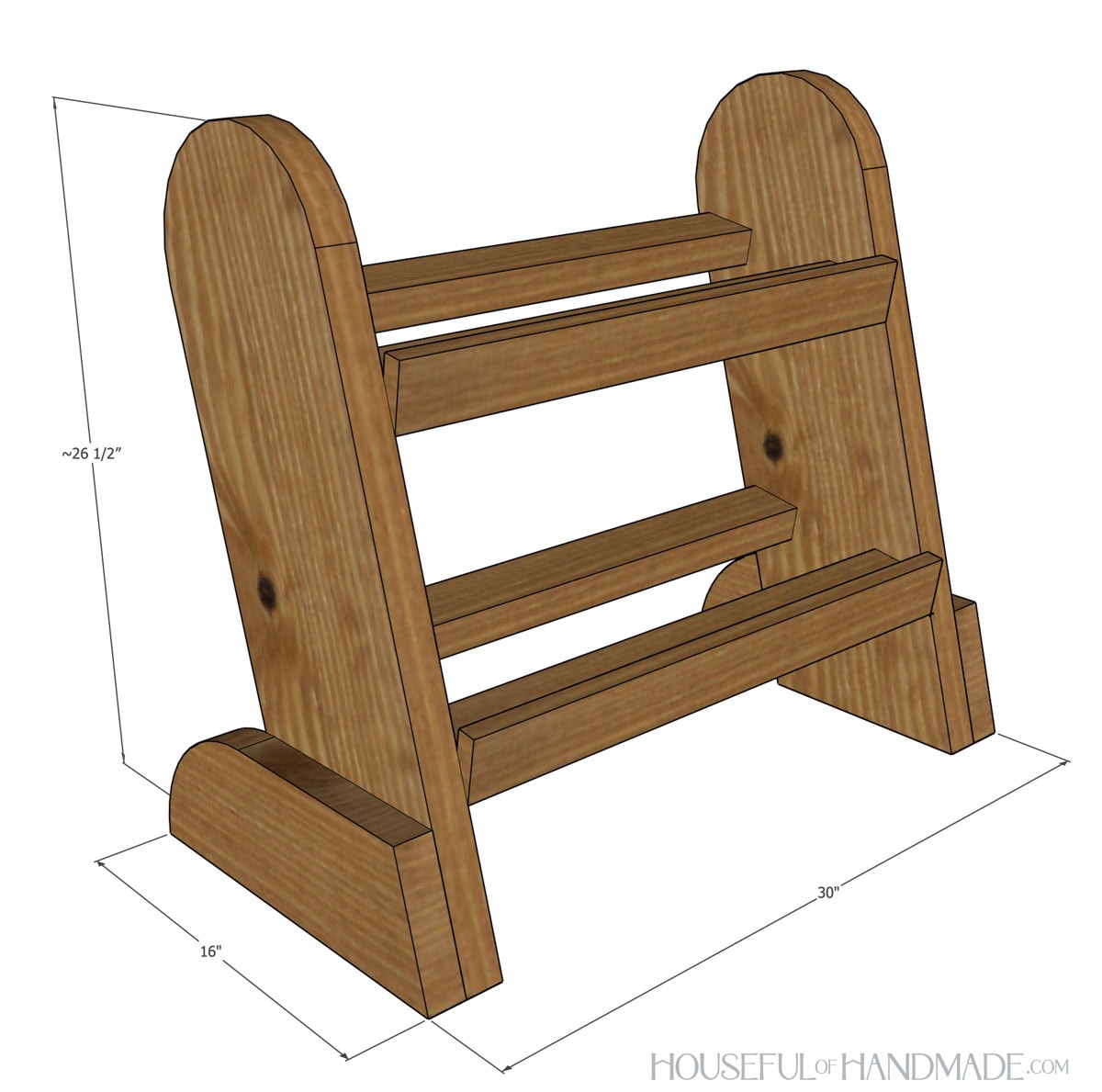 3D sketch of the weight rack with dimensions noted. 