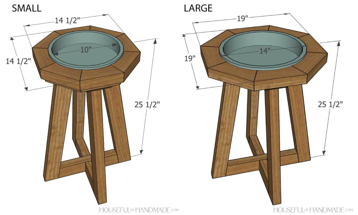 3D diagrams of the two sizes of wood bird baths with dimensions noted. 