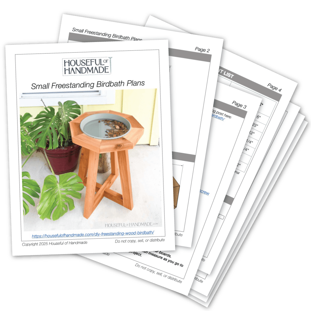 PDF plans for a small freestanding wood birdbath.