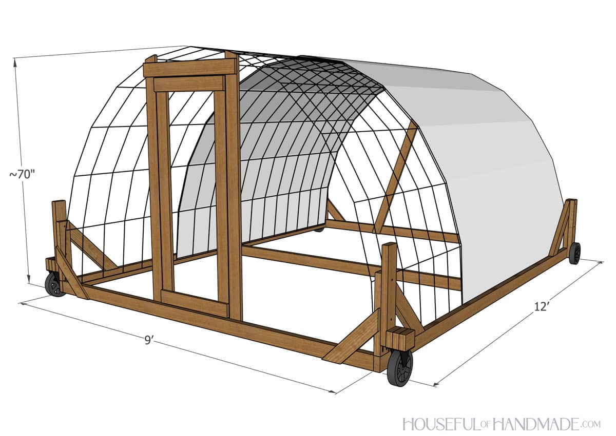 3D Sketch of the mobile chicken tractor with dimensions noted.