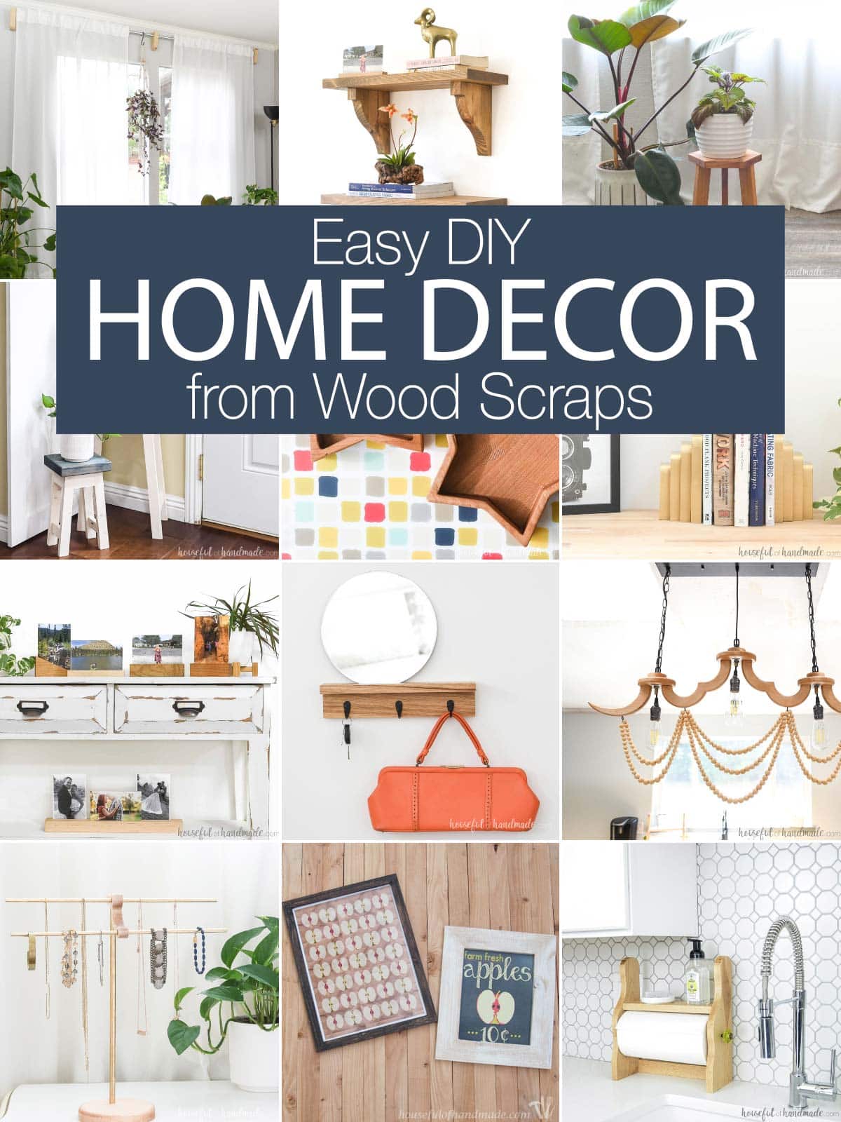 Collage of 12 of the DIY home decor items made from scrap wood.