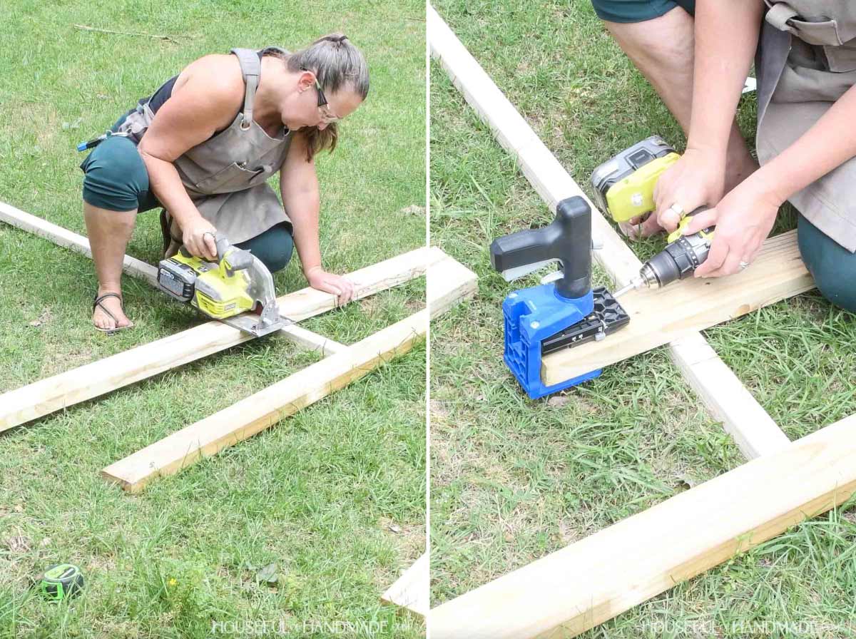 Cutting 2x4 boards with a circular saw then adding pocket holes to the ends.