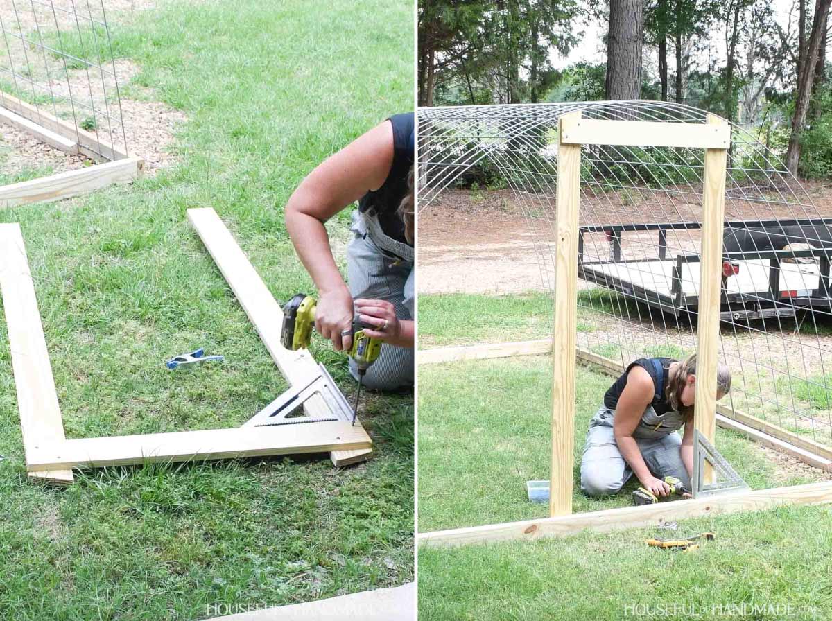 Securing the door frame pieces together and attaching it to the chicken tractor.