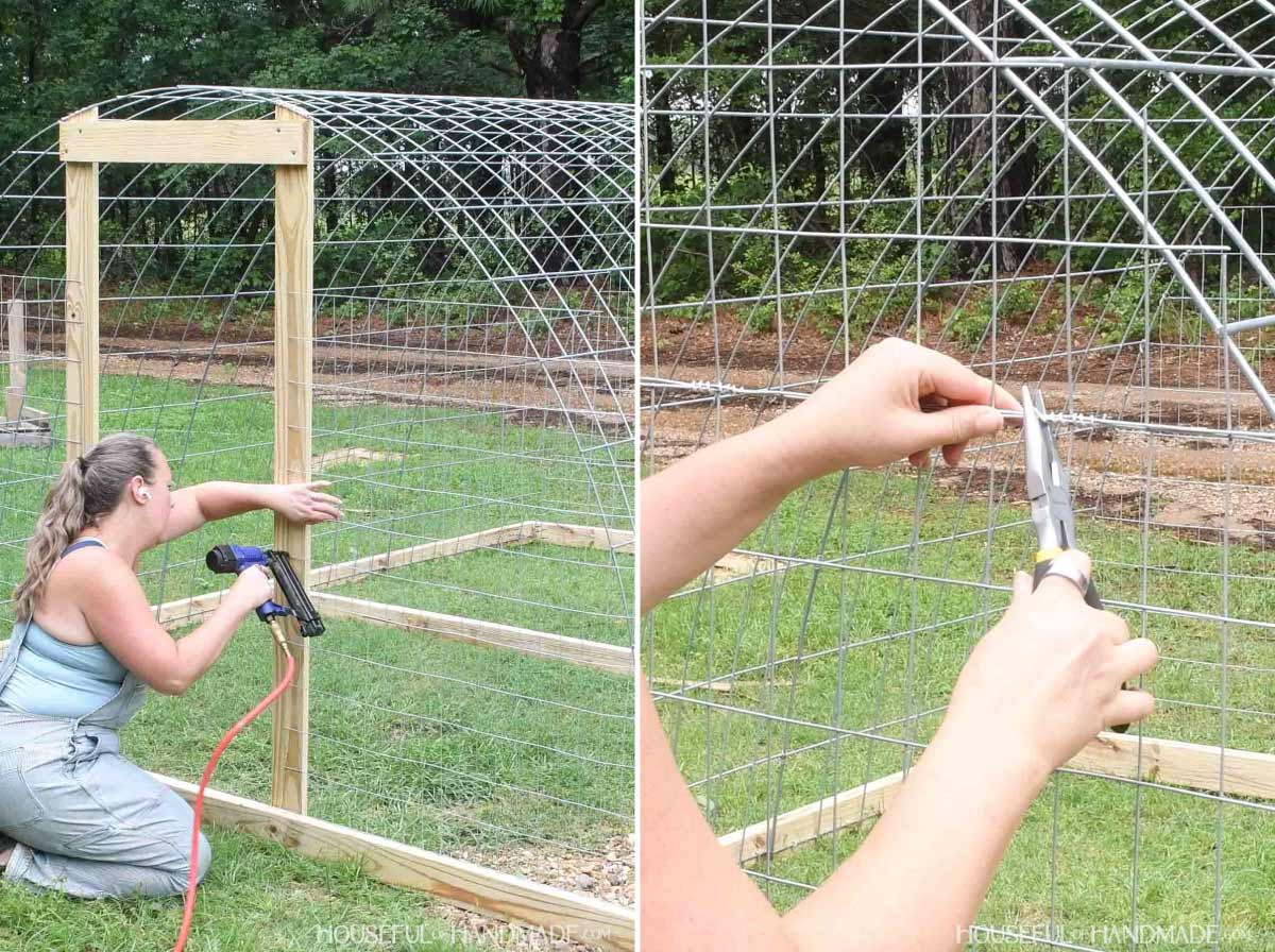 Attaching welded wire to the front of the chicken tractor.