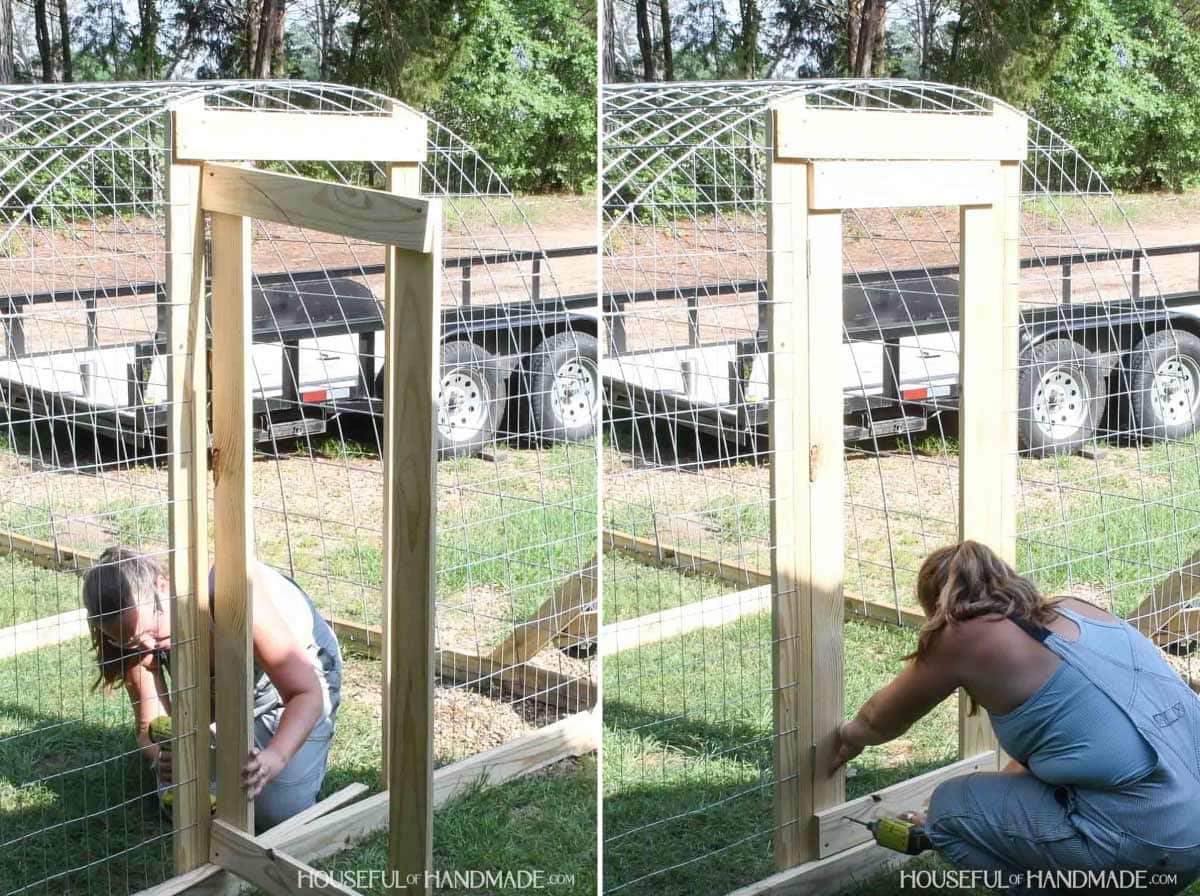 Hanging the door in the frame and squaring it up.
