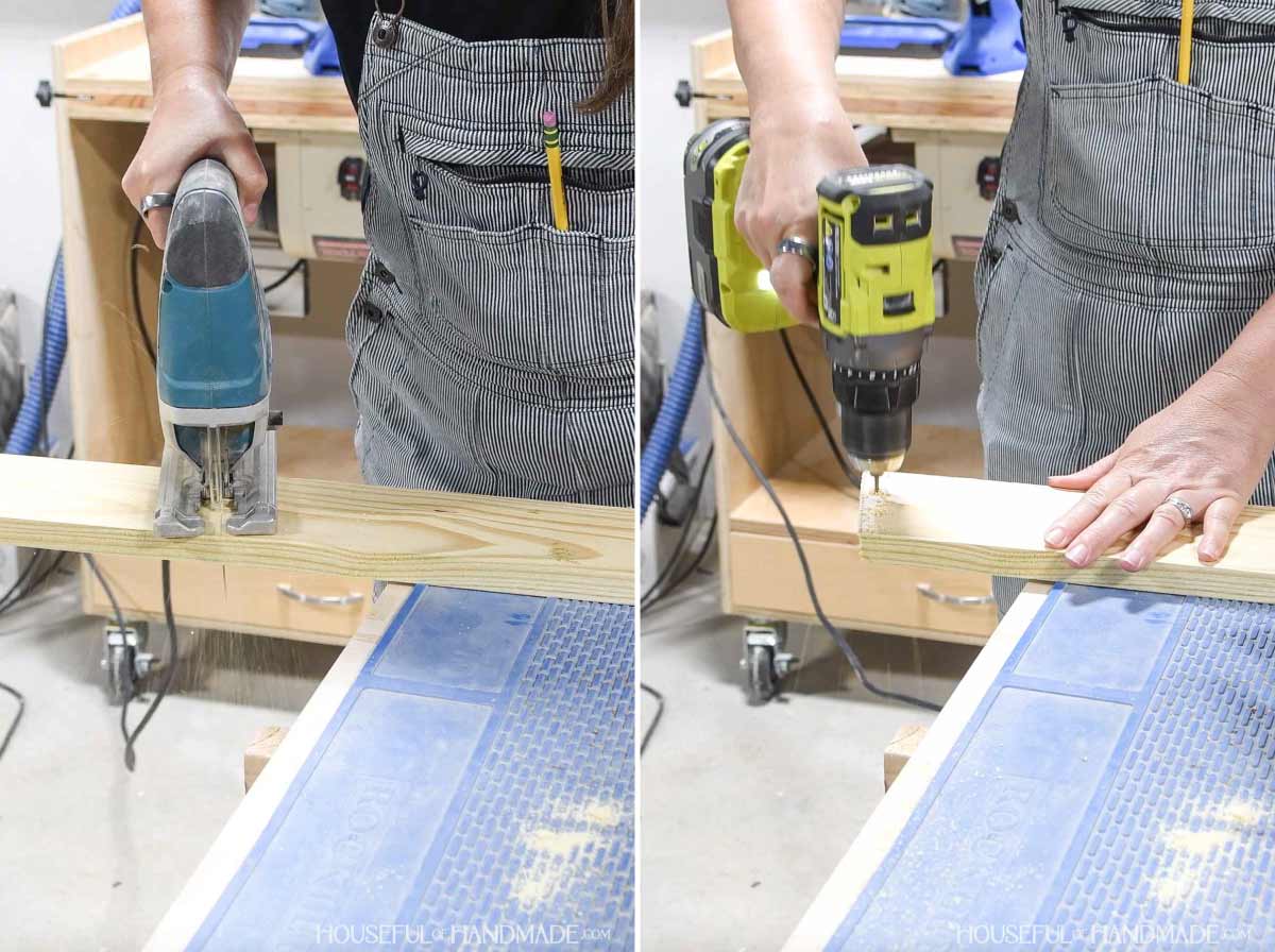 Cutting the board with a jigsaw and drilling holes in the top.