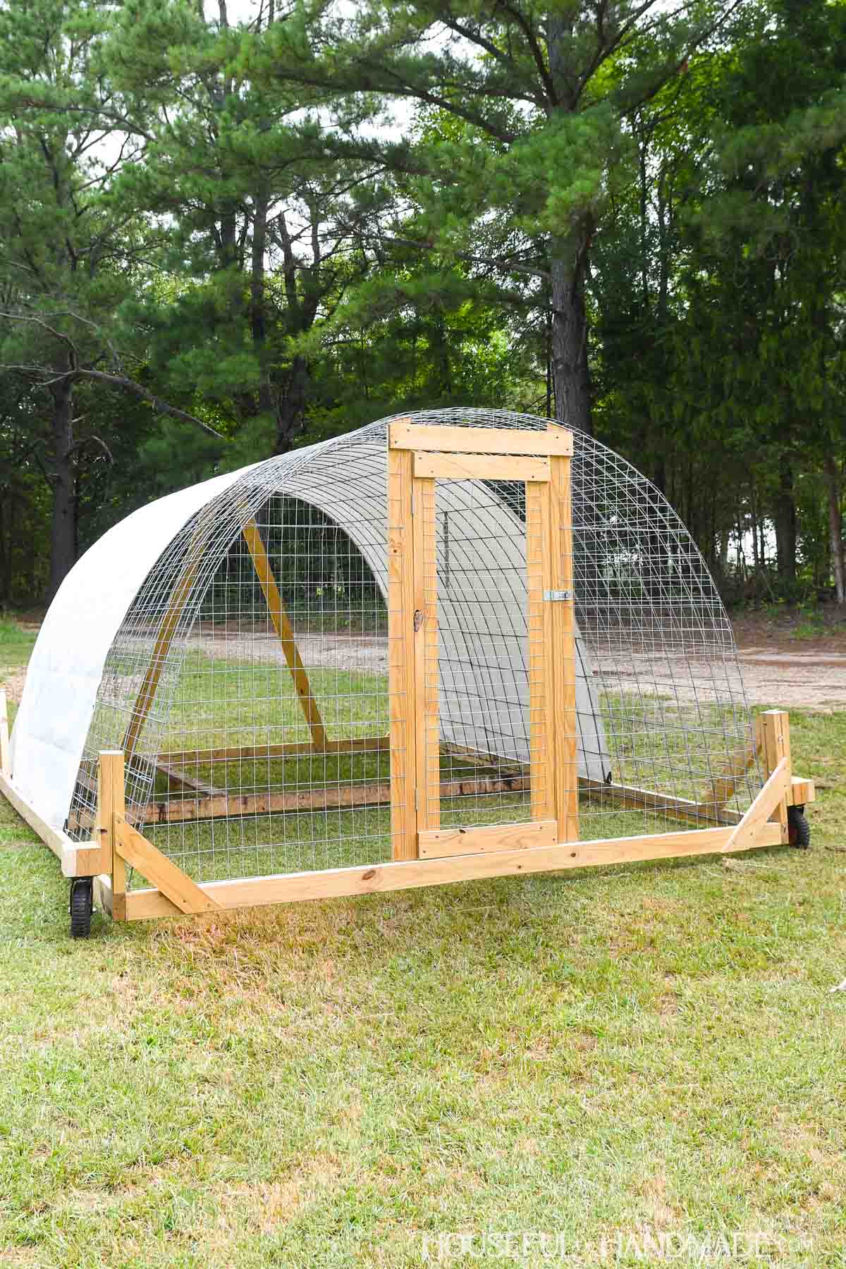 Large mobile chicken house for moving poultry to new grass daily.