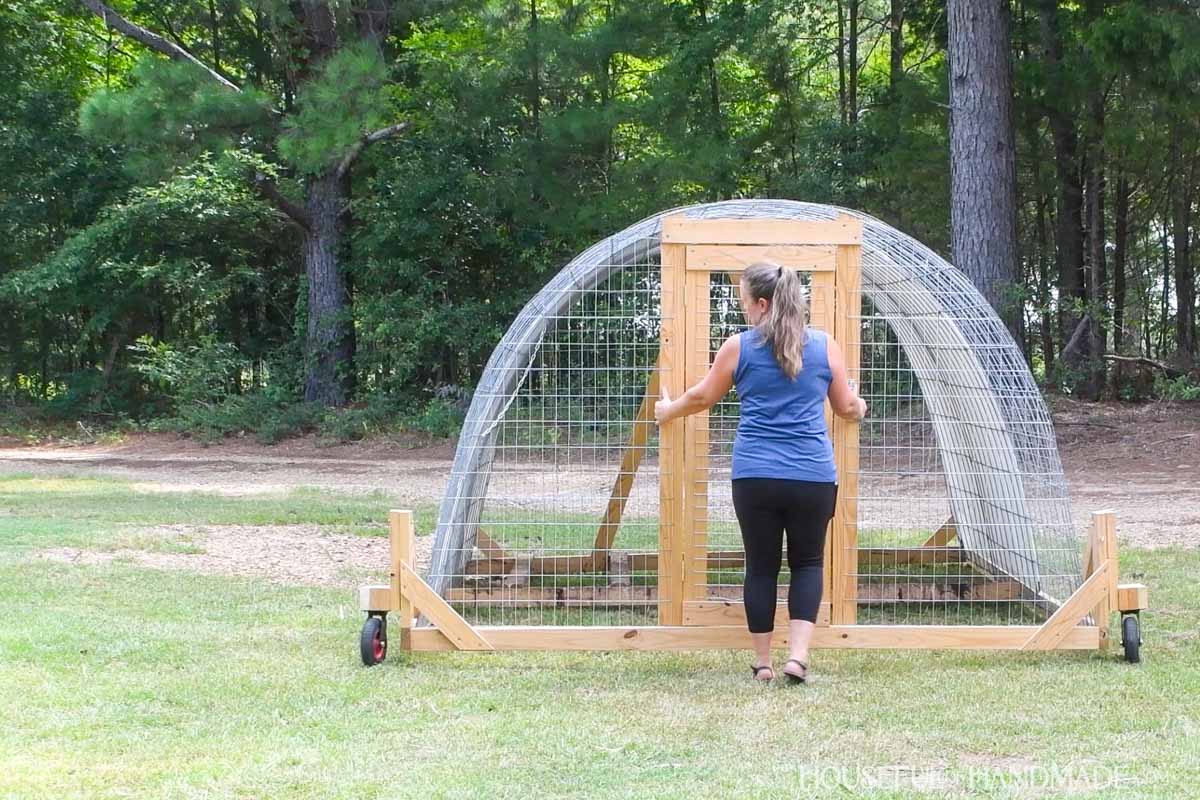 Woman moving a DIY chicken tractor made with cattle panels to create a hoop.
