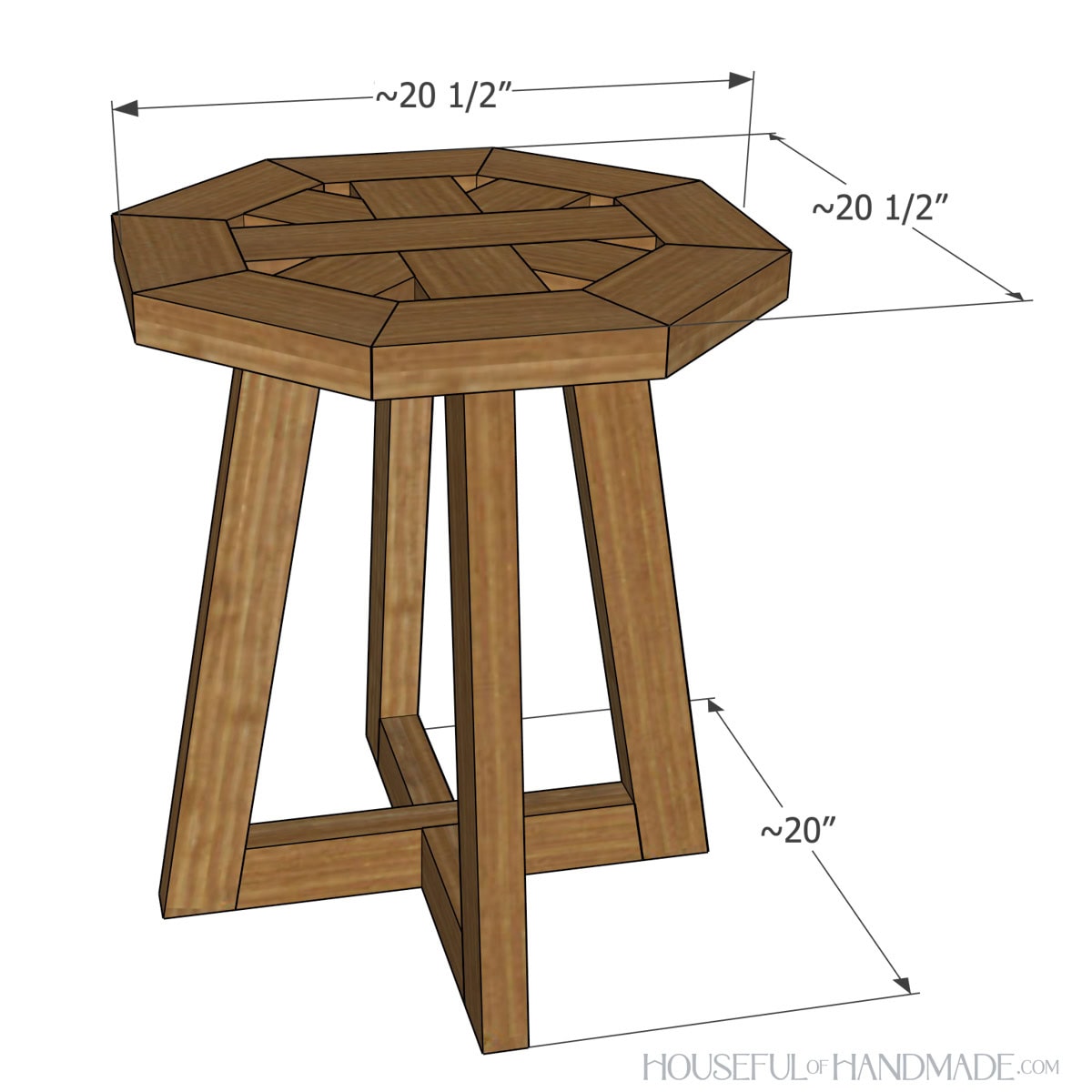 3D sketch of the octagon top side table with dimensions noted.