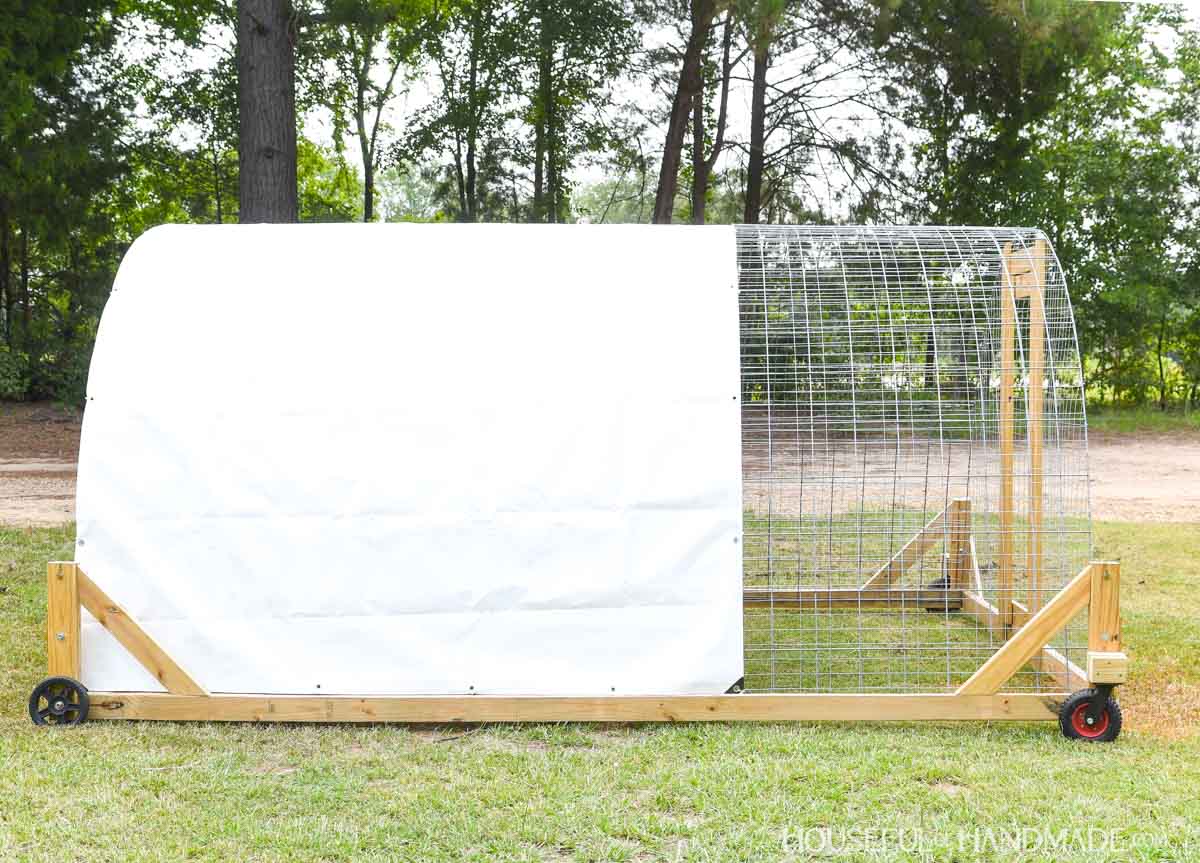 Side view of the mobile chicken tractor with 1/3 open to the sun.