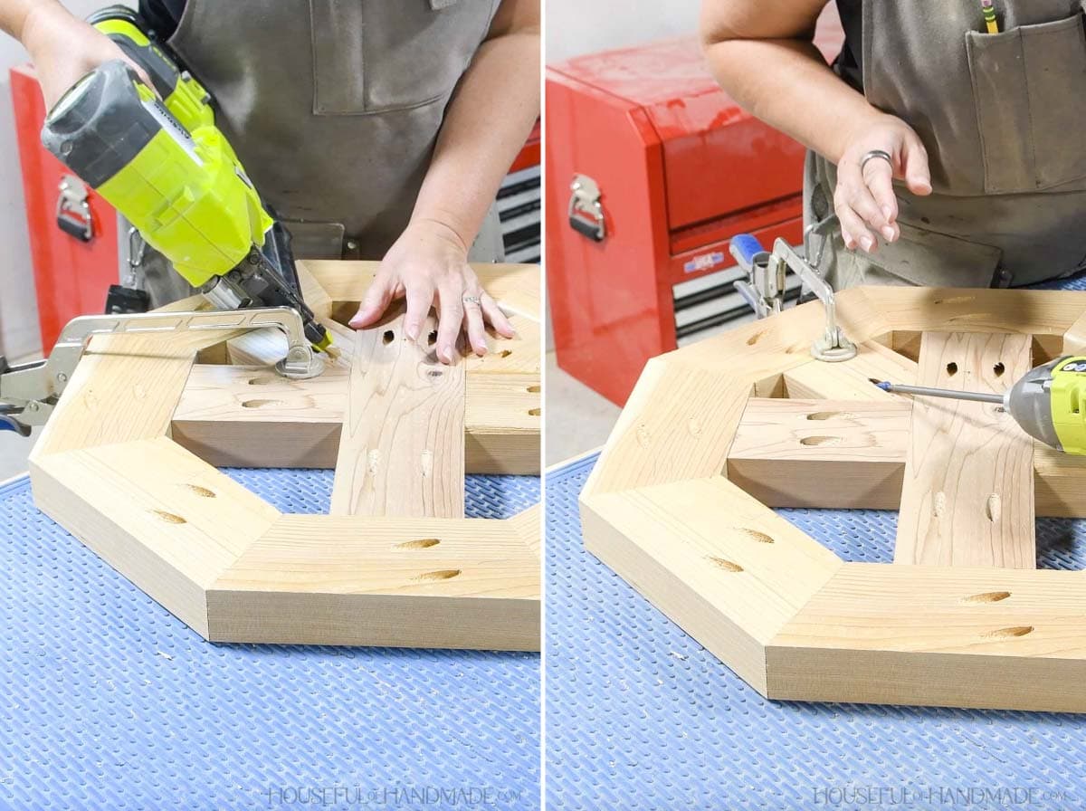 Attaching the house shaped pieces in the center of the table top with nails and pocket holes.