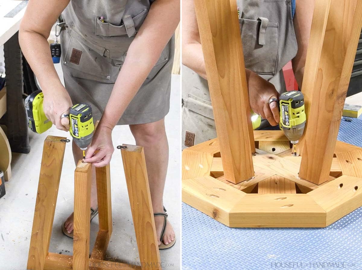 Securing figure 8 fasteners to the legs and then attaching the legs to the table top.