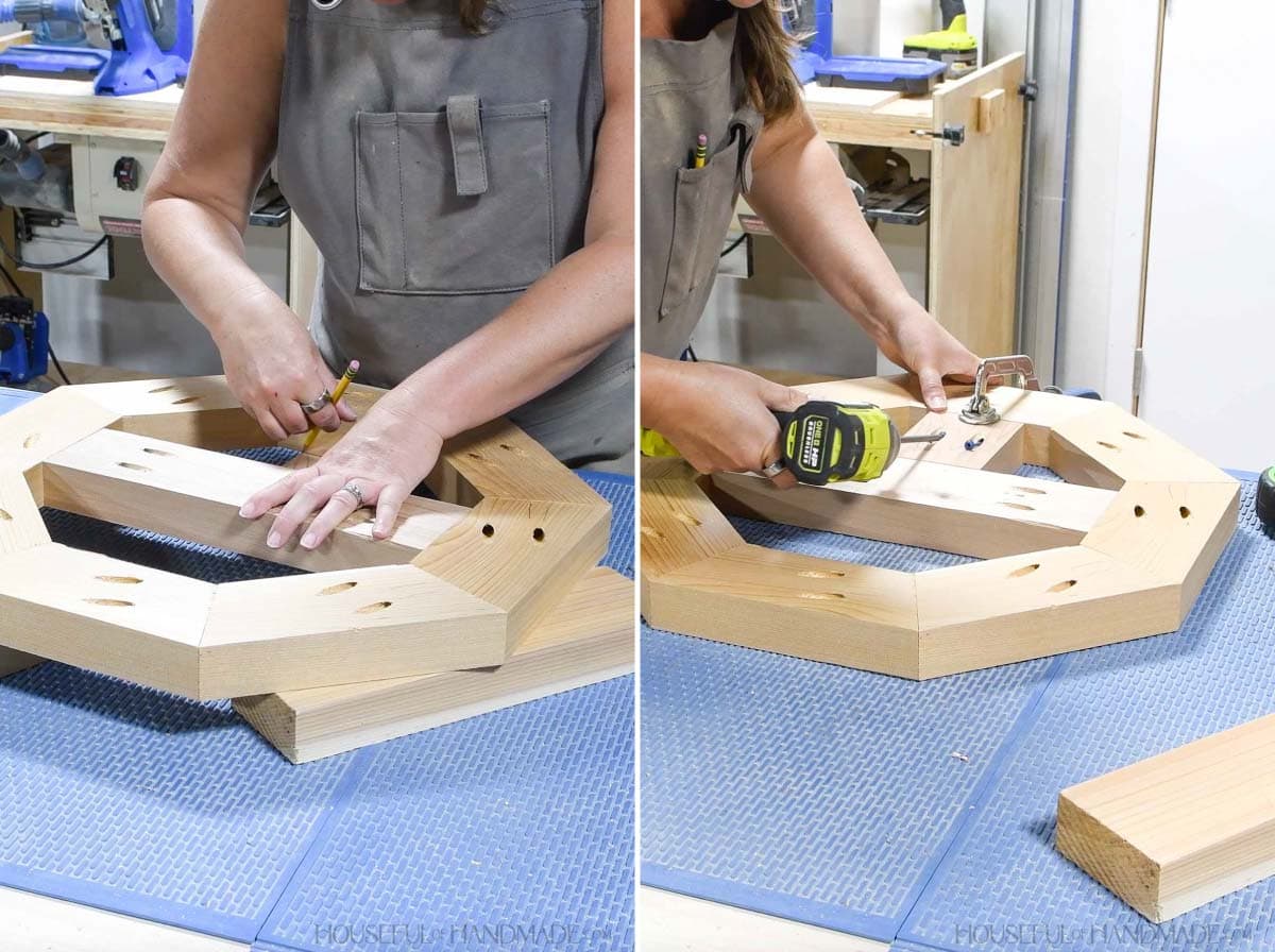 Measuring and adding cross pieces to the center of the octagon.
