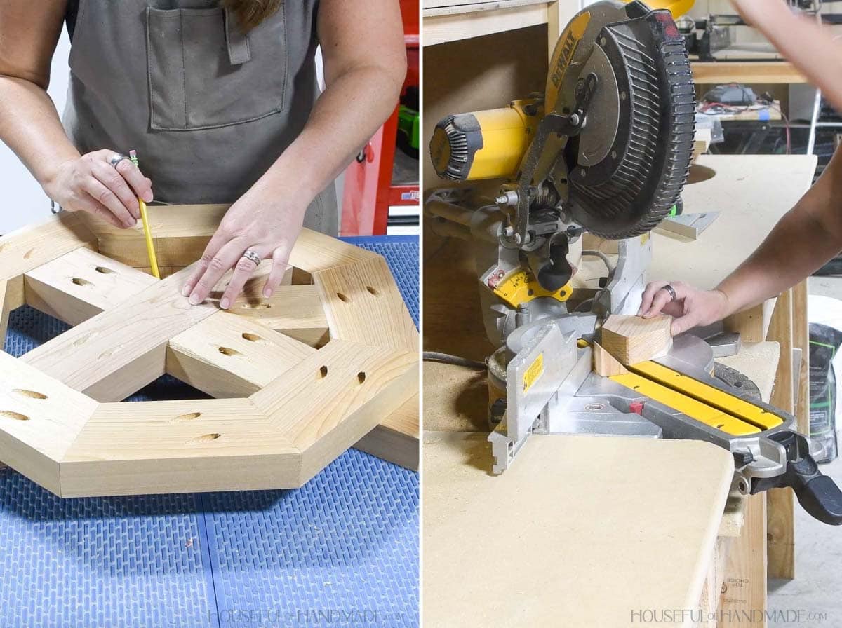 Tracing and cutting the diagonal pieces for the octagon table top.