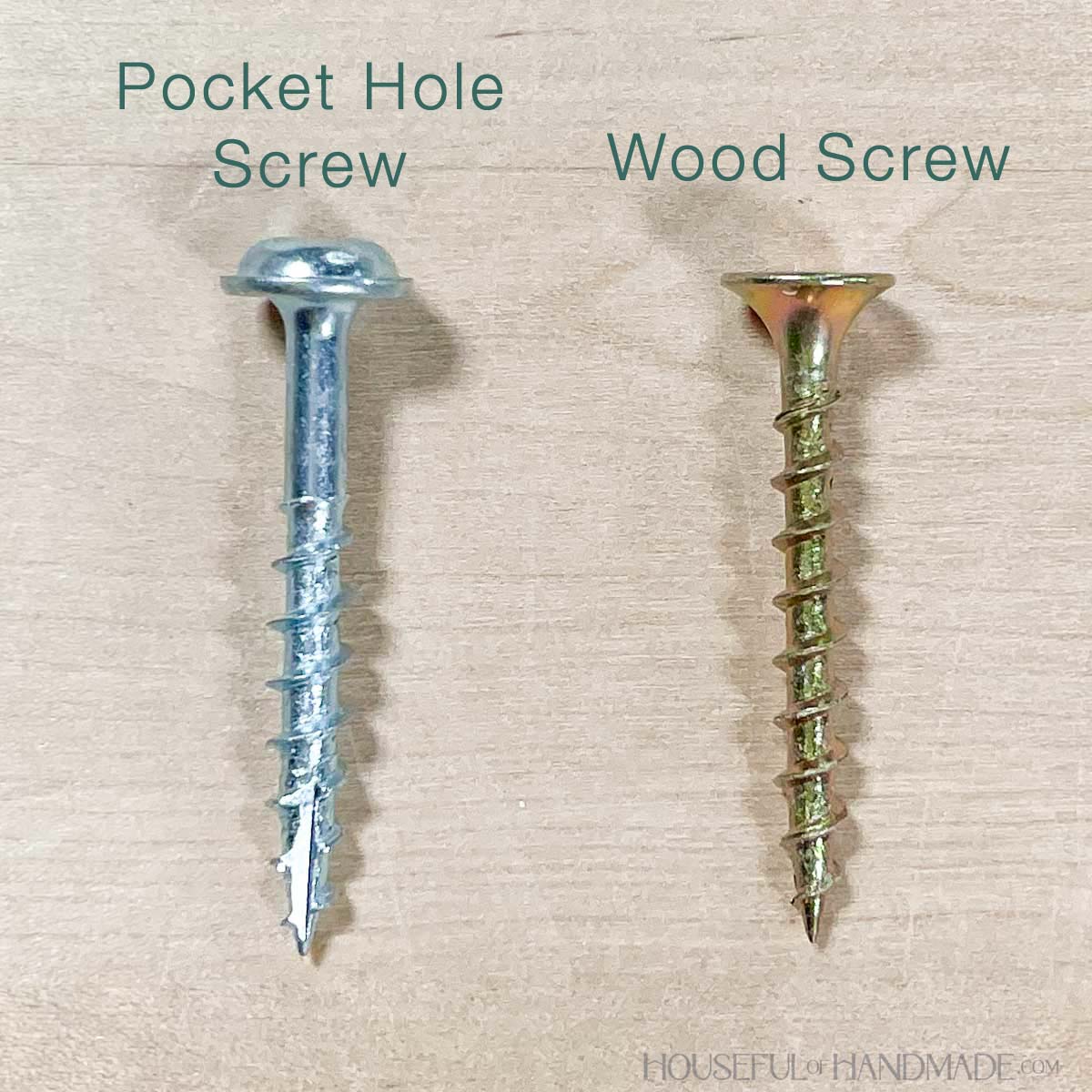 A pocket hole screw and wood screw sitting next to each other.