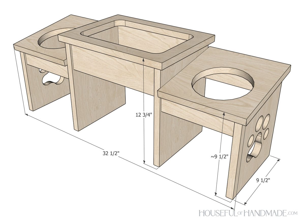 3D Sketch of the dog bowl stand with dimensions noted.