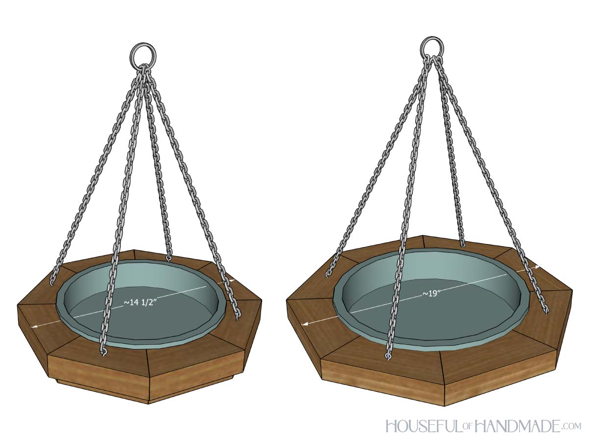 3D sketch of a small and large hanging birdbath with dimensions noted.
