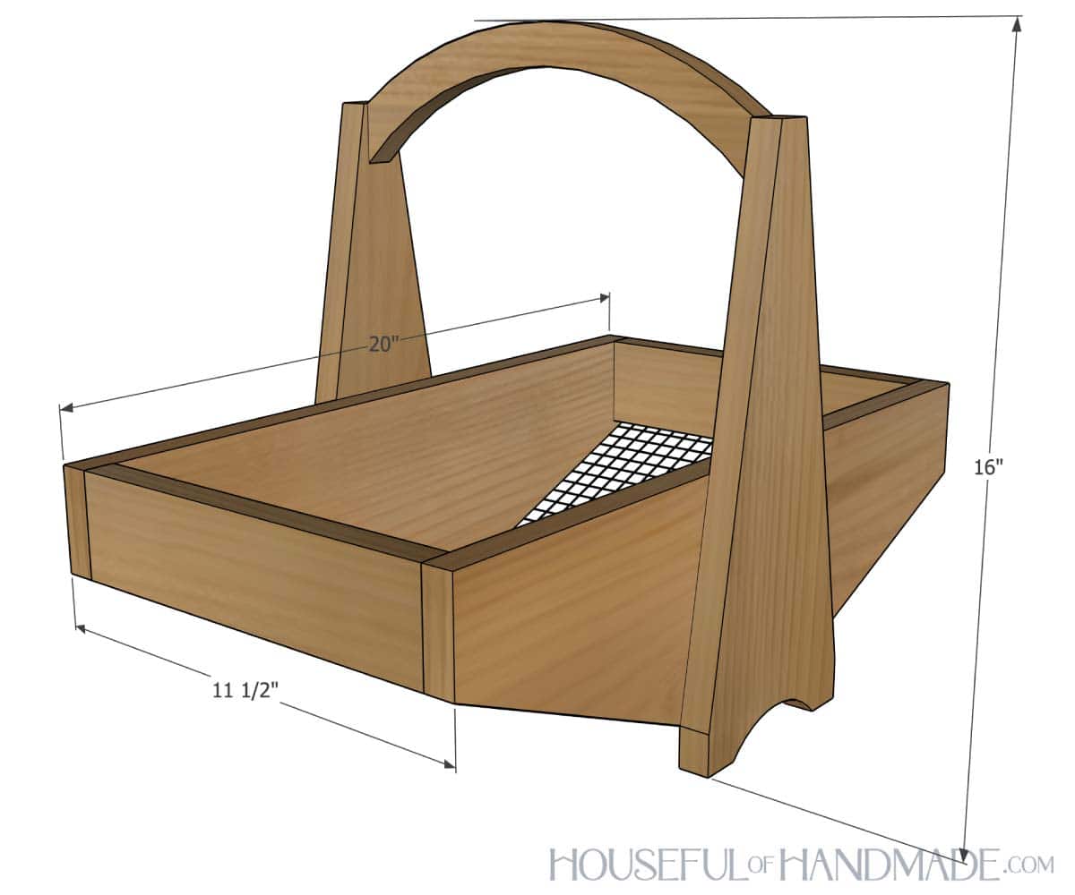 3D sketch of a large wooden harvest basket with dimensions noted.