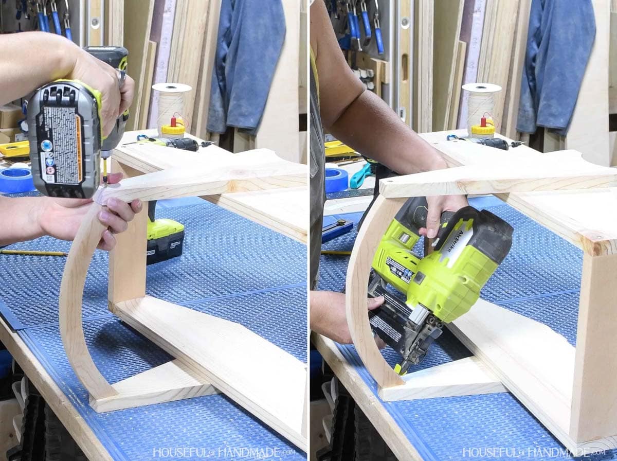 Attaching the curved handle piece between the base with a screw and nails.