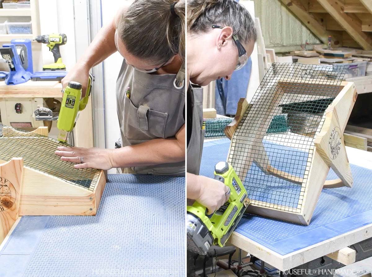 Stapling the hardware cloth to the bottom of the harvest basket.