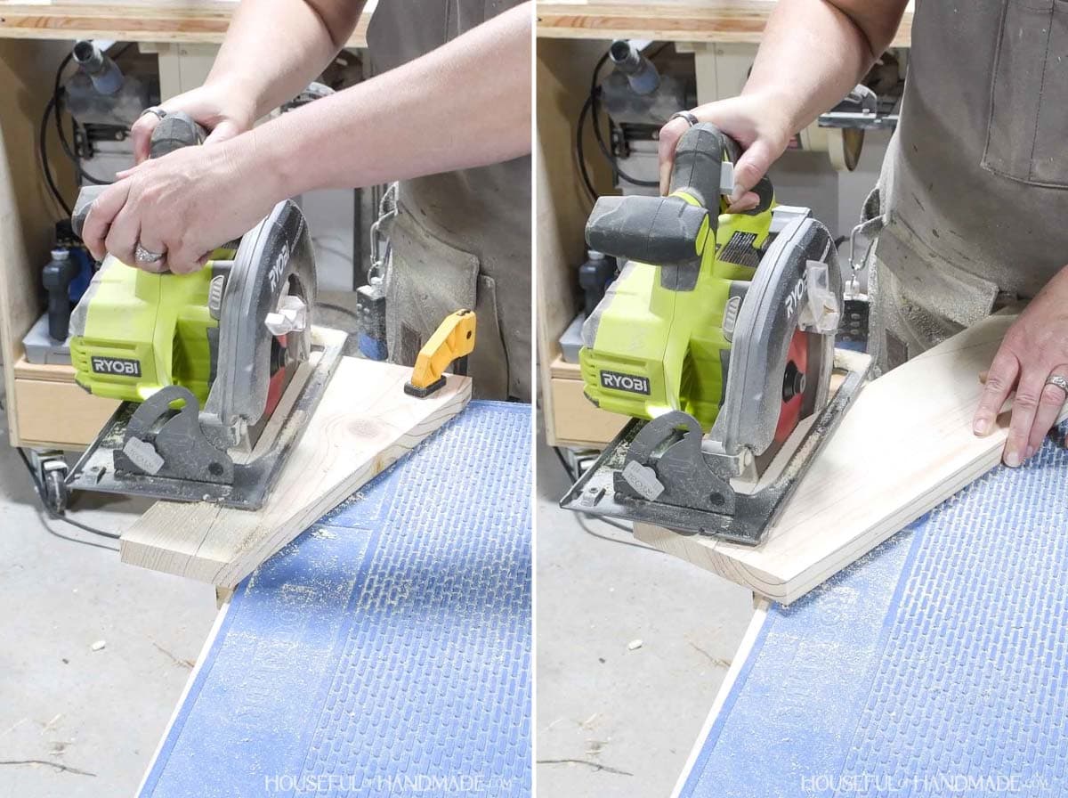 Cutting angles on boards with a circular saw.