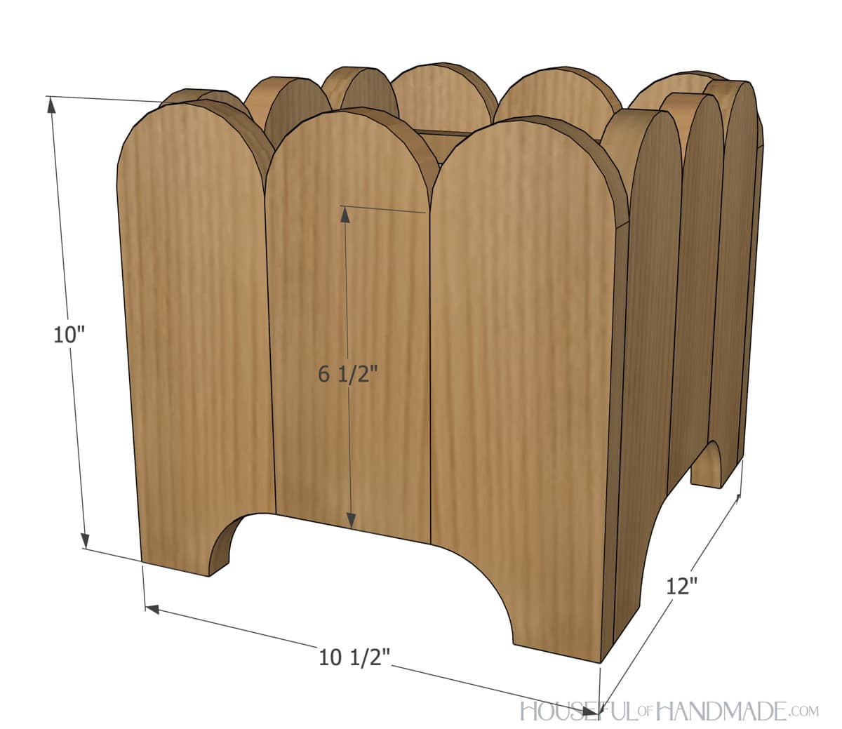 3D sketch of the DIY planter box with dimensions noted.