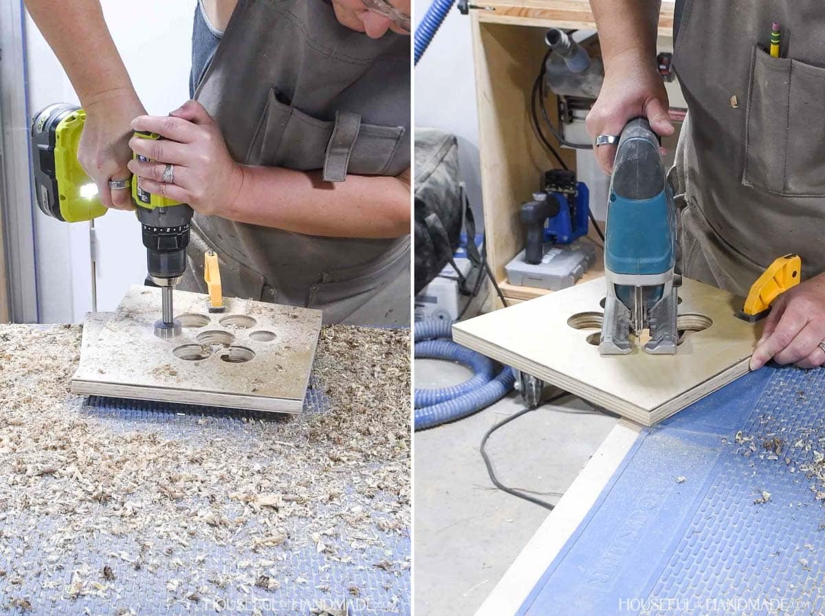 Cutting a decorative paw print in the plywood side pieces.