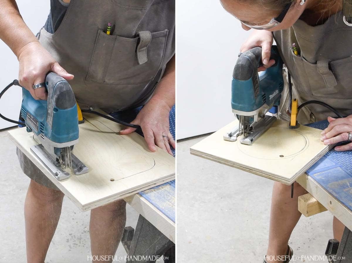 Cutting openings for dog bowls in the plywood with a jig saw.