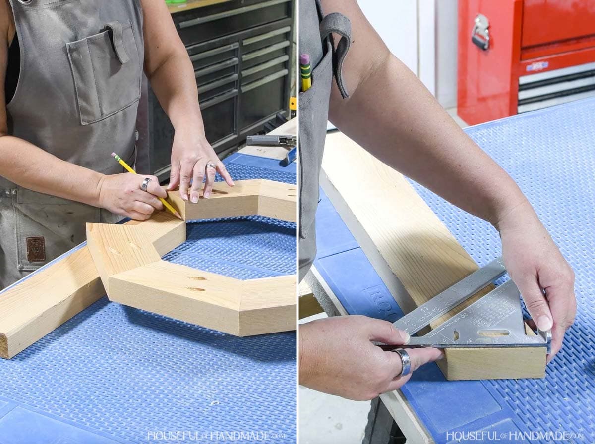 Measuring for the final piece in the wood octagon.