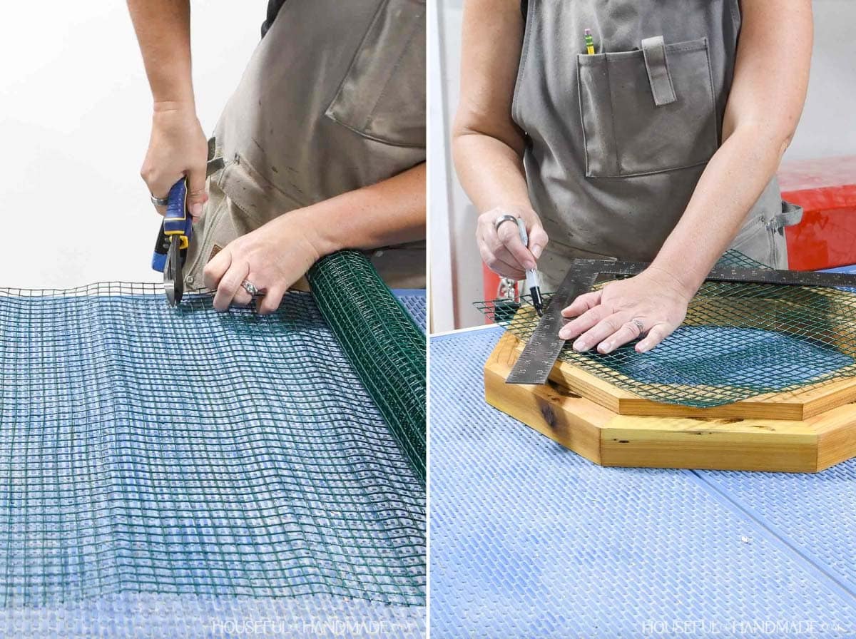 Cutting hardware cloth with pliers to fit the bottom of the bird bath.