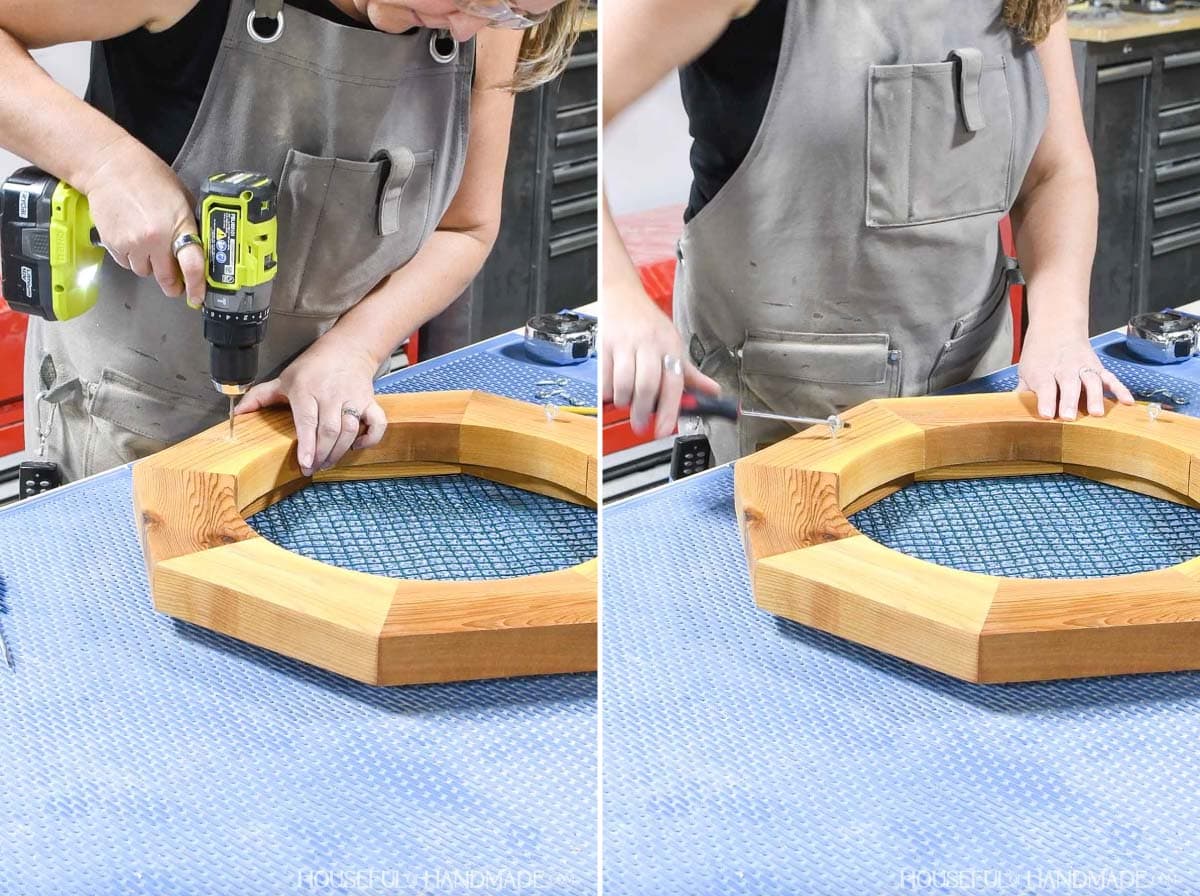 Attaching screw eyes to the top of the birdbath.