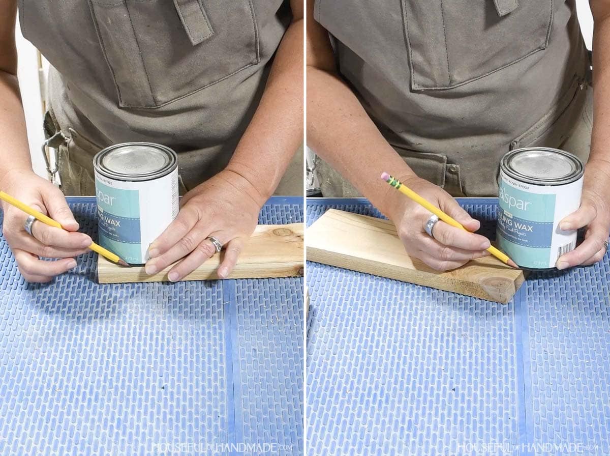 Using a small paint can to draw curves on 1x4 boards. 