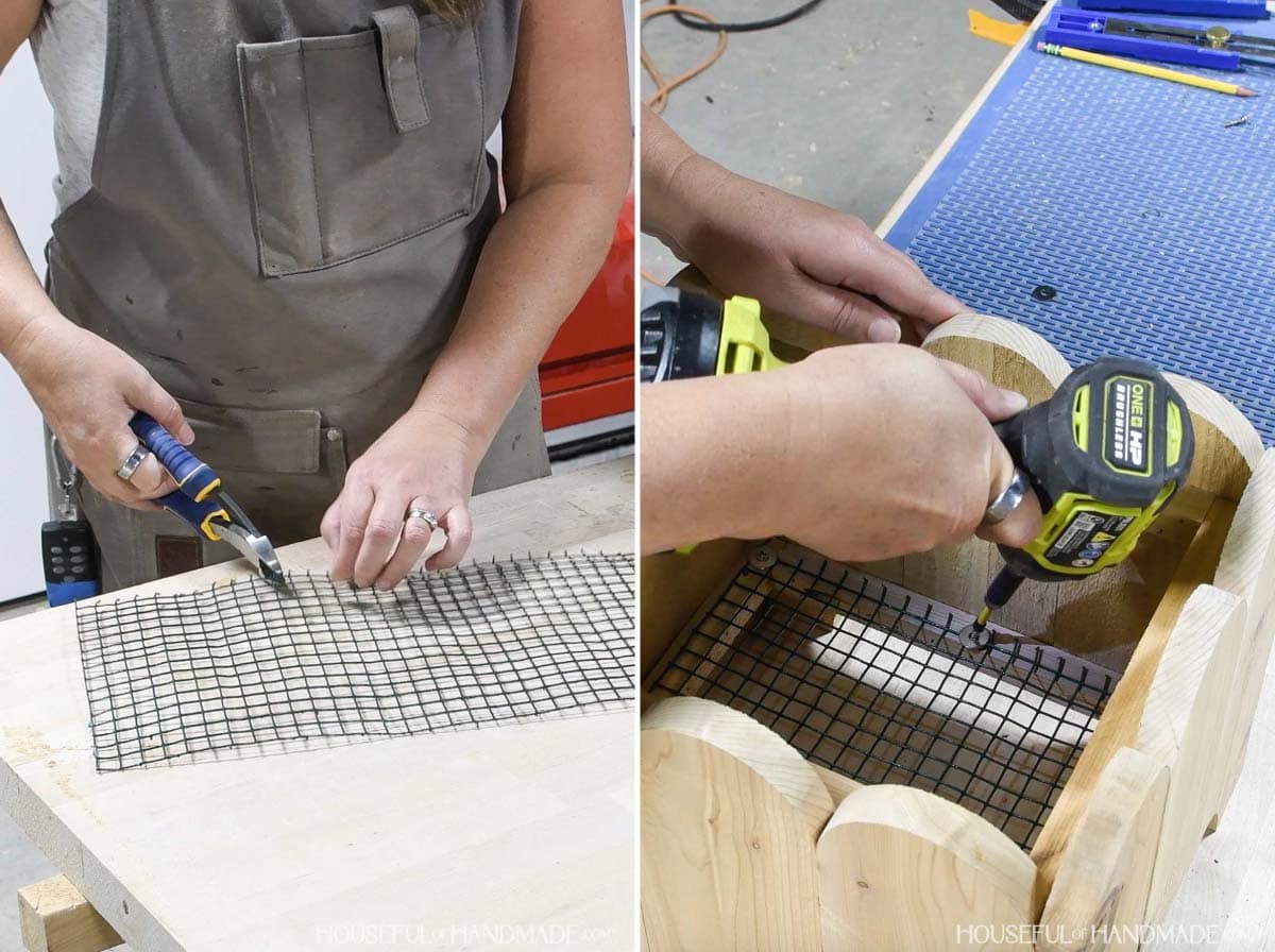 Cutting hardware cloth with pliers and attaching it inside the planter box bottom. 